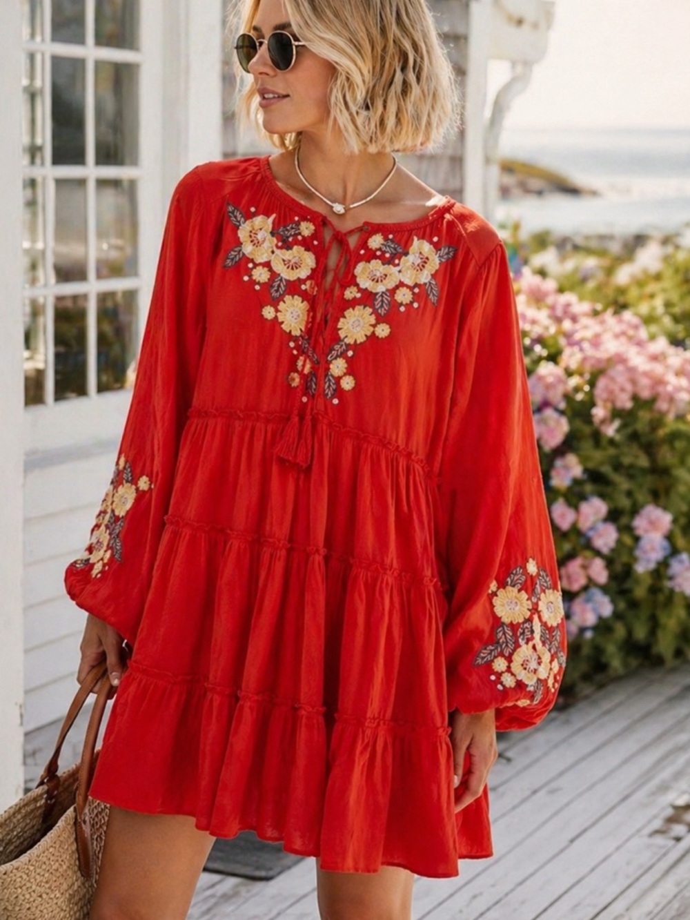 Free People Orange Red Embroidered Tiered Tunic Dress